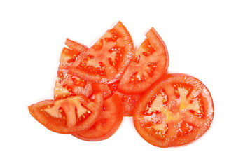 Fresh red tomato slices isolated on white background, top view