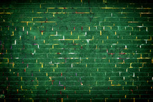 Green Brick Wall With Yellow Lines Background With Black Vignette