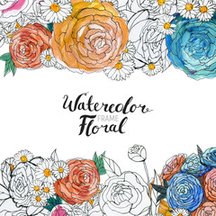 Watercolor Floral Background. Hand painted border of flowers. Good for invitations and greeting cards. Frame of roses isolated on white and brush lettering. Spring blossom.