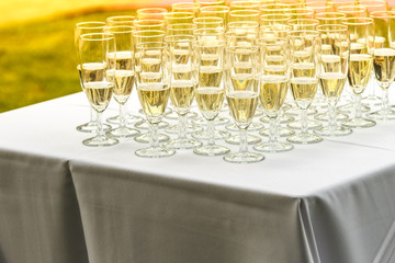 Many glasses of champagne on white table