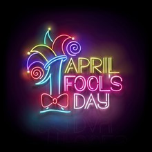 Greeting Card Template For April Fool's Day. Vintage Glow Signboard With Letters And Jester Hat. Neon Light Poster, Flyer, Banner. Glossy Black Background. Vector 3d Illustration. Used Clipping Mask