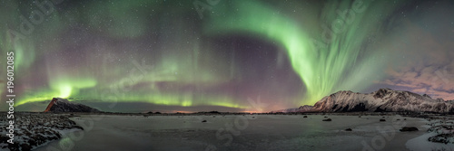 Fotografia, Obraz super wide panorama from arctic norway, frozen lake and aurora borealis dancing