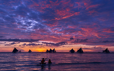 Wall Mural - Beautiful sunset on Boracay white beach, Philippines