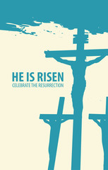 Canvas Print - Vector banner for Easter or good Friday with the words He is risen. The landscape on the religious theme with three crosses with crucified people in grunge style