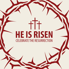 Canvas Print - Vector Easter banner with words He is risen, Celebrate the resurrection, with a red crown of thorns and crosses