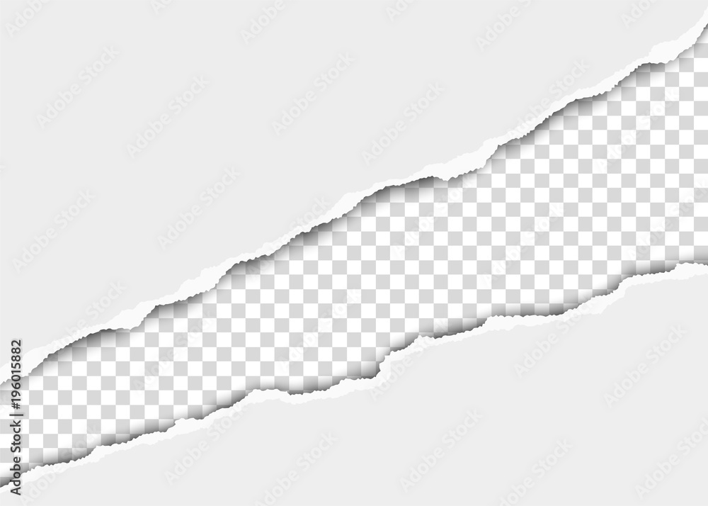 Vector Template Paper Ripped diagonal long hole in sheet of white paper. Transparent ...