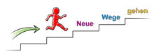 Rotes Männchen Springt Eine Treppe Hoch: Neue Wege Gehen / Schraffierte Vektor-Zeichnung