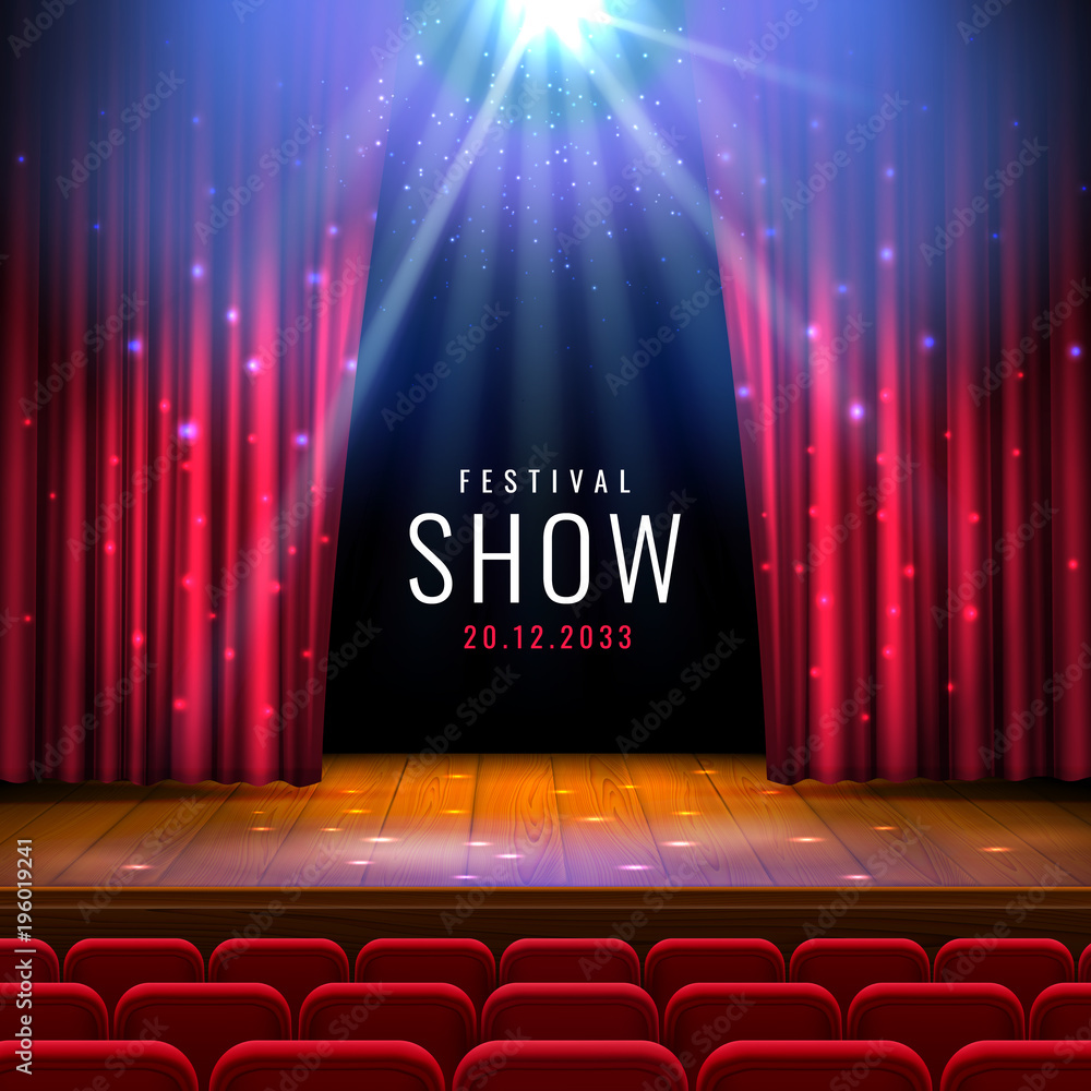 Theater wooden stage with red curtain, spotlight, seats.Vector festive template with lights and scene. Poster design for concert, theater, dance, event, show. Illumination and scenery decoration. - obrazy, fototapety, plakaty 