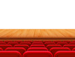 © Sensvector - Realistic theater wooden stage or floor with rows of red seats, back view. Empty seats in the cinema hall, cinema, theater, opera, events, shows. Interior element. Vector realistic 3d illustration.
