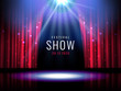 Theater stage with red curtain and spotlight Vector festive template with lights and scene. Poster design for concert, theater, party, dance, event, show. Illumination and scenery decoration.