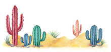 Watercolor Background With Desert And Cacti.