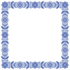 Poster - Scandinavian folk art vector frame, cute floral border, square pattern with navy blue flowers - invitation, greetings card