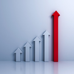 Poster - Business graph with red rising up arrow over white wall background with reflection. 3D rendering.