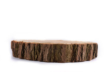   Detailed Piece Of Circular Flat Cut Wood Showing Annual Rings, Cracks, Bark And Texture Slice An Oak Tree Like A Wooden Plate Grove Tree Trunk Showing  Isolated On White Background.