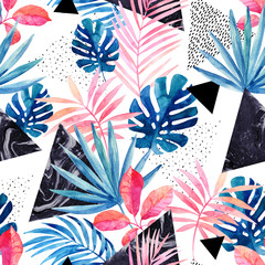 Wall Mural - Modern art illustration with tropical leaves, grunge, marbling textures, doodles, geometric, minimal elements.