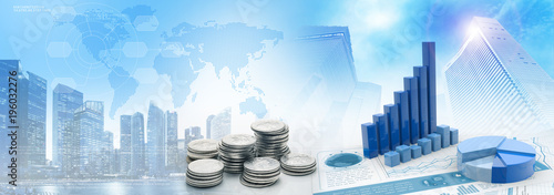 Cuadros en Lienzo coins and charts in cityscape blue background