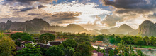 Landscape View Panorama At Sunset In Vang Vieng, Laos.