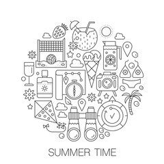 Wall Mural - Summer time in circle - concept line illustration for cover, emblem, badge. Summer time vacation travel thin line stroke icons set.