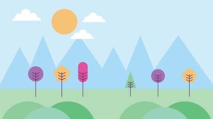 Poster - landscape mountains trees forest clouds and sun animation