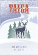 Тайга, Пятнистый Олень на фоне елей, Россия, любовь, снегопад, цветной постер, иллюстрация, вектор