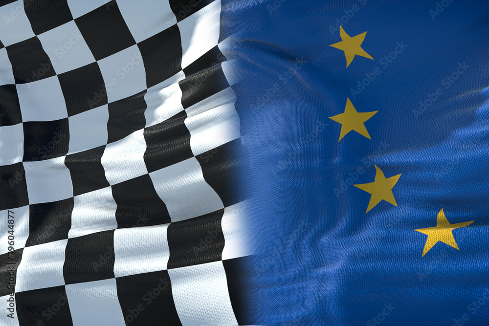 half flags of checkered flag, end race and half European Union flag ...