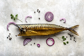 Wall Mural - Mackerel. Smoked fish on table, food with omega 3 fat, healthy eating concept