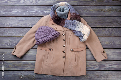 Fotografie, Obraz Women's winter apparel set. Brown overcoat, wool hat and scarf.