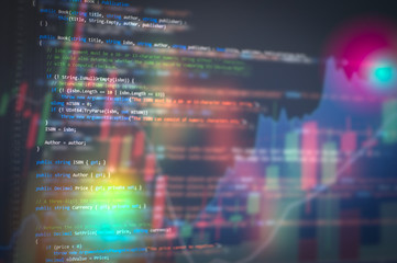 software development. programming code abstract technology background and stock market digital graph