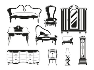 Wall Mural - monochrome illustrations of vintage furniture for living room