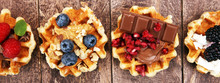 Belgian Waffles With Pomegranate And Raspberries, Homemade Healthy Breakfast With Mint