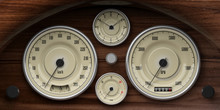 Vintage Car Wooden Dashboard With Retro Gauges. 3d Illustration