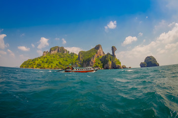 Beautiful outdoor view of Chicken island near Railay beach in Krabi province in the Andaman sea in south Thailand