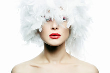 Beautiful Girl In White Feathers Hat. Make-up
