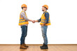 © realstock1 - The two engineers handshake on the white wall background
