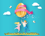 Fototapeta  - Happy Easter card with kids, flowers and egg air balloon with blue sky background. Vector illustration. Paper cut and craft style.