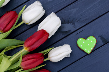 Lovely tulip flowers on wooden backdrop, holiday postcard.