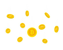 Flat Style Flying Gold Bitcoins Isolated On White Background. Coins Money Falling Vector Illustration.