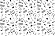 © innakos - Computer part icons. pattern texture repeating seamless monochrome black and white. computer mouse, keyboard, laptop, flash drive, headphones, column, phone, battery and wi-fi on a white background.