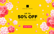 Yellow background design for discounts - big spring summer sale banner with flowers