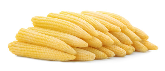 Sticker - Heap of fresh young baby corn on white background