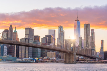 Aerial view of Manhattan skyline at sunset, New York City