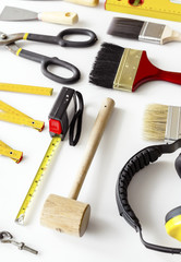 Poster - Flat lay of various technician tools isolated on white background