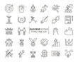 Icons related with success, motivation, willpower, leadership, determination and growth. Vector pictogram thematic set. Objects and dynamic character actions