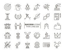 Icons Related With Success, Motivation, Willpower, Leadership, Determination And Growth. Vector Pictogram Thematic Set. Objects And Dynamic Character Actions