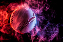 White Baseball Ball In Multi-colored Red Smoke From A Vape On A Black Isolated Background