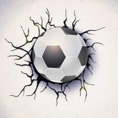 Wall Mural - Football ball on the background of a broken-down wall with cracked plaster. Soccer ball damaged the wall with texture, 3D illustration. Poster for sport events, tournament, championships