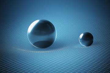 Wall Mural - gravity and general theory of relativity concept. curved spacetime caused by massive spheres. 3d ren