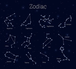 set zodiac signs, night sky background, realistic. collection of astrological symbols. vector illust