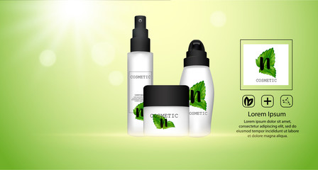 Wall Mural - Set of cosmetic packaging with black caps. Cosmetic package for cream, shampoo, liquid soap and spray natural cosmetic template.