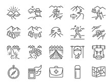 Trekking Line Icon Set. Included The Icons As View, Nature, Camping, Mountain, Forest, Backpacking, Travel, Sunset And More.